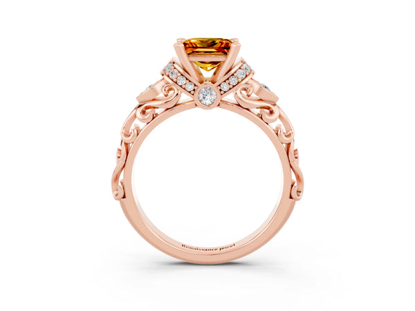 Rose gold Princess Cut Citrine Solitaire Ring with Filigree Band and Four-Prong Setting