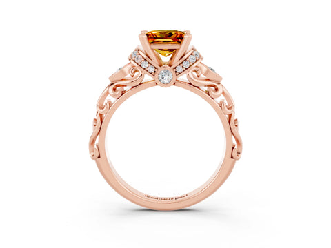Rose gold Princess Cut Citrine Solitaire Ring with Filigree Band and Four-Prong Setting_27