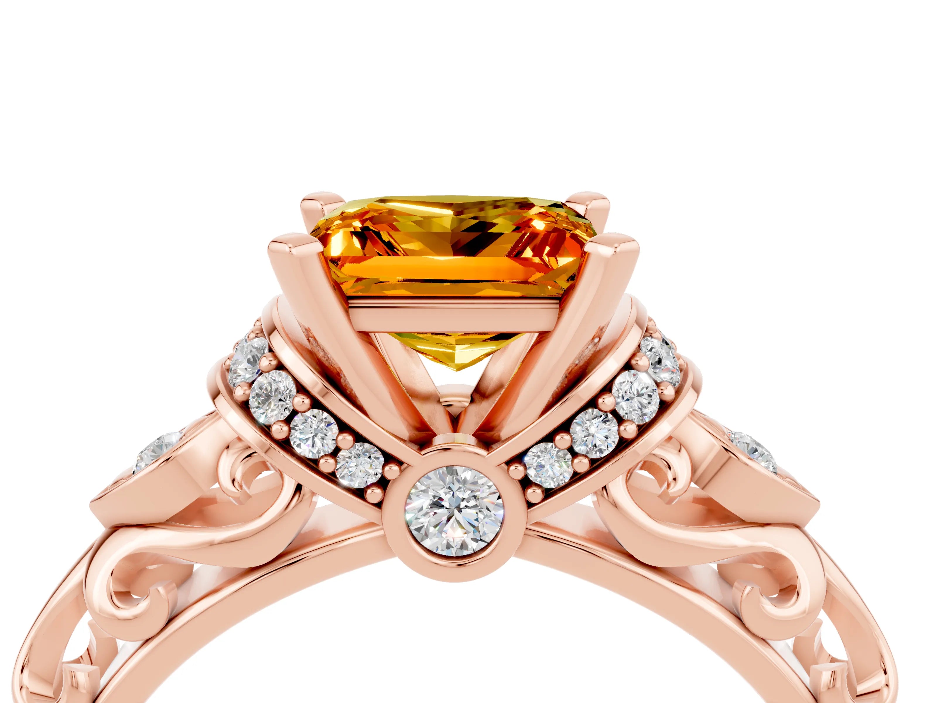Rose gold Princess Cut Citrine Solitaire Ring with Filigree Band and Four-Prong Setting_28