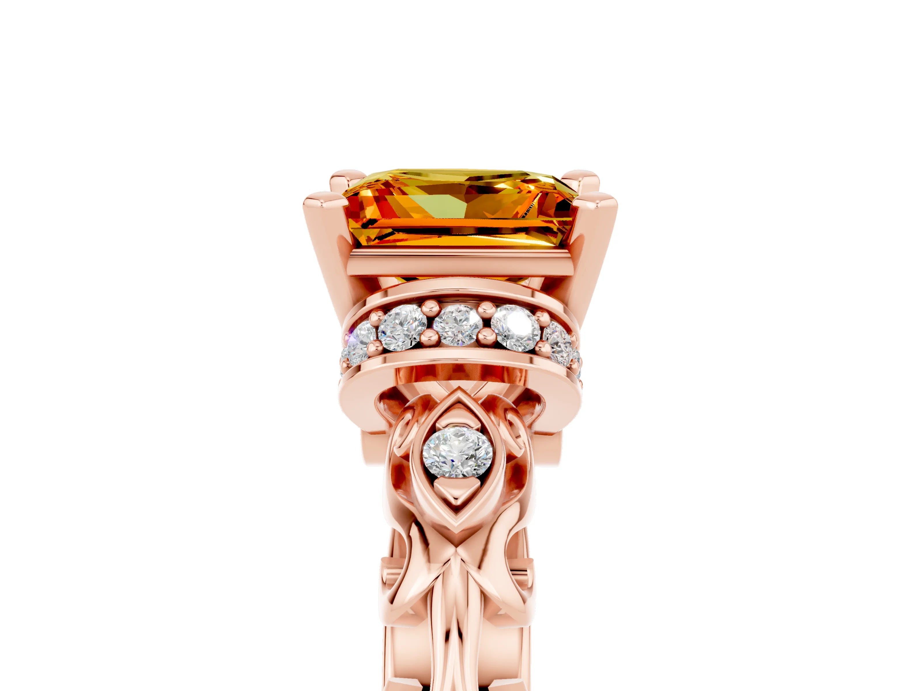 Rose gold Princess Cut Citrine Solitaire Ring with Filigree Band and Four-Prong Setting_29