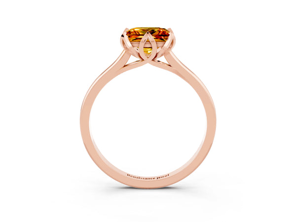 Rose gold Princess Cut Citrine Solitaire Ring with Flower Prong Setting and Classic Band