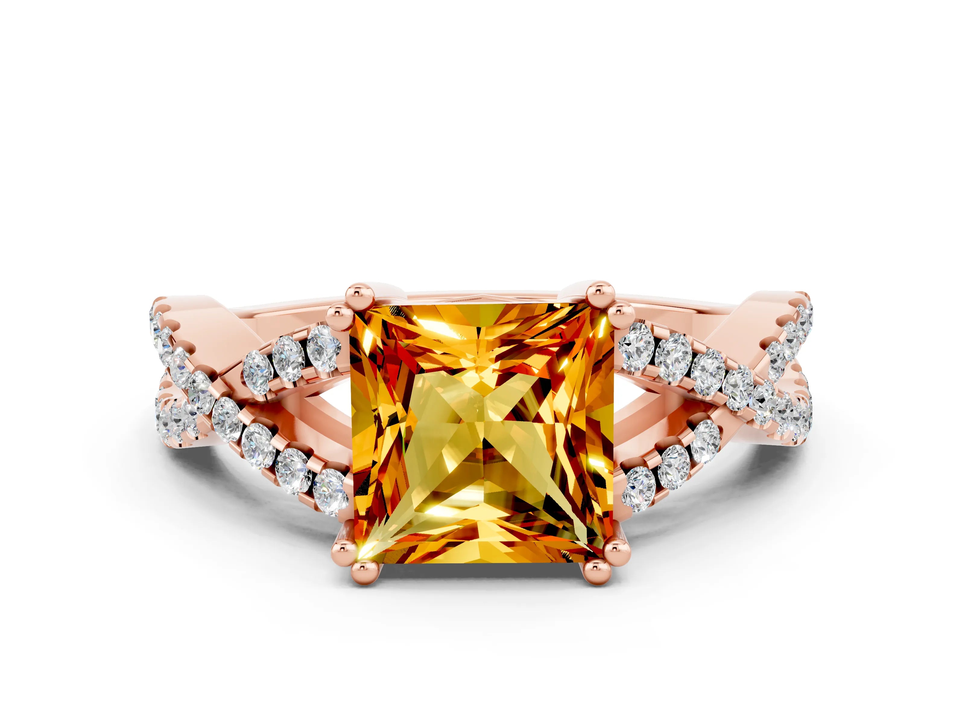 Rose gold Princess Cut Citrine Solitaire Ring with Four-Prong Setting and Twisted Pavé Band
