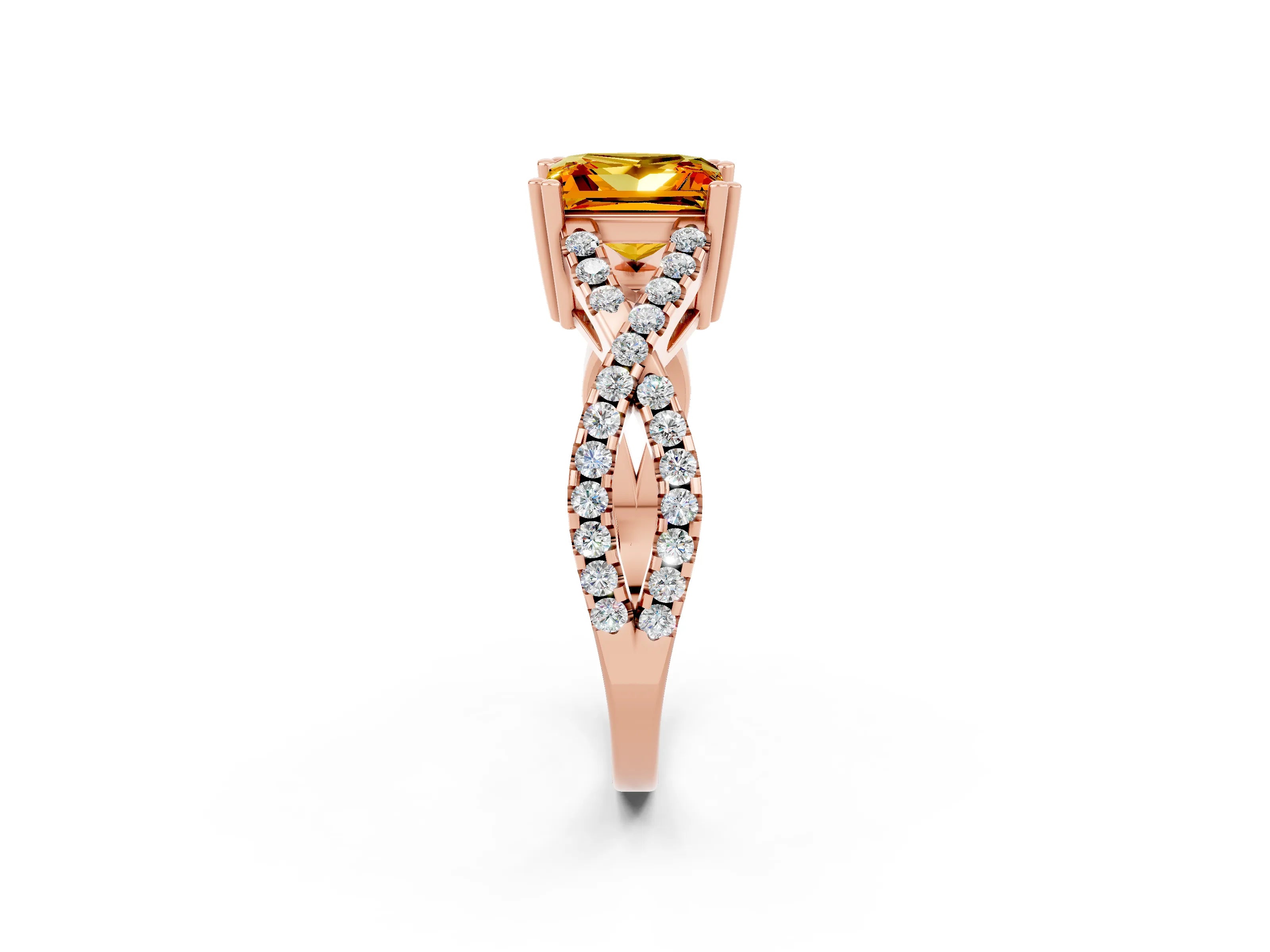 Rose gold Princess Cut Citrine Solitaire Ring with Four-Prong Setting and Twisted Pavé Band_2
