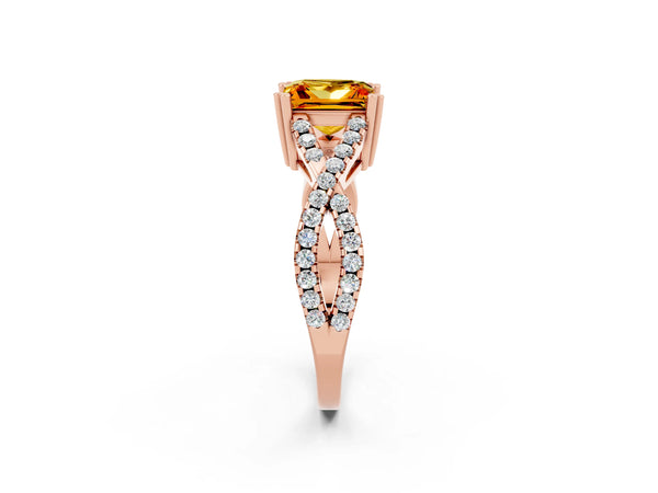 Rose gold Princess Cut Citrine Solitaire Ring with Four-Prong Setting and Twisted Pavé Band