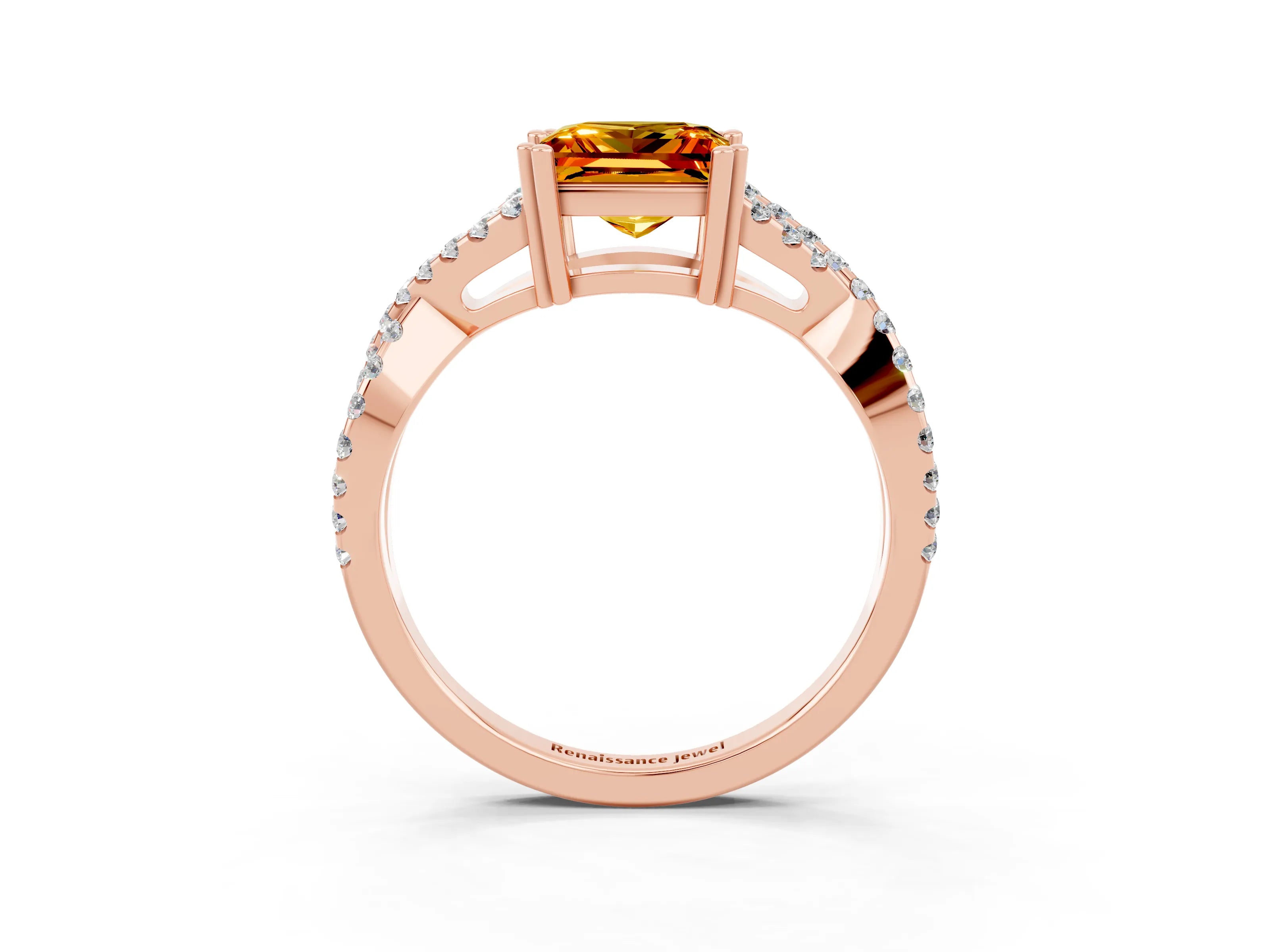 Rose gold Princess Cut Citrine Solitaire Ring with Four-Prong Setting and Twisted Pavé Band_3
