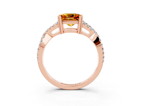 Rose gold Princess Cut Citrine Solitaire Ring with Four-Prong Setting and Twisted Pavé Band