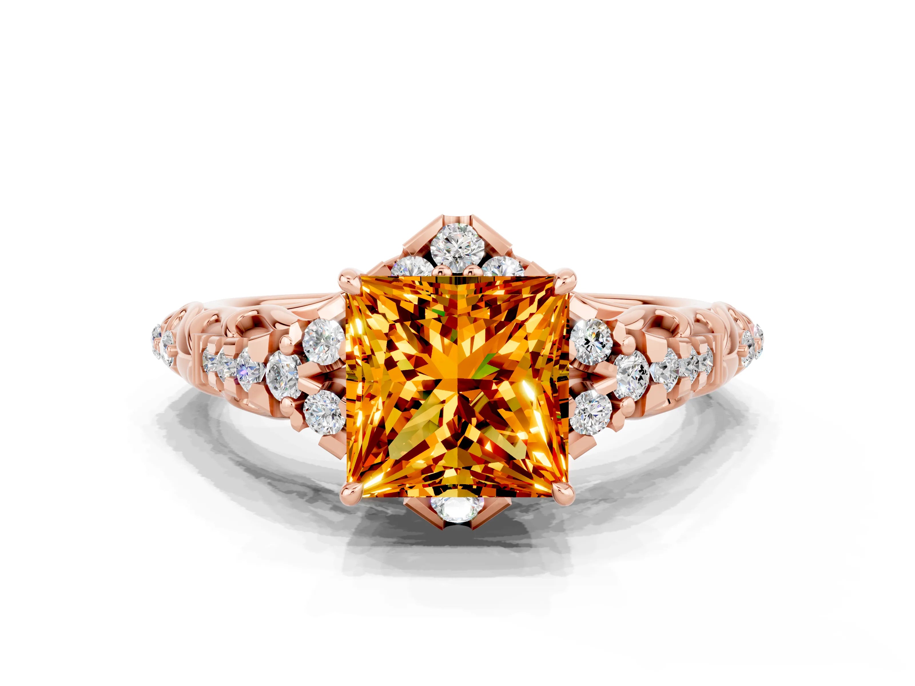 Rose gold Princess Cut Citrine Solitaire Ring with Hidden Halo and Pavé Band_12