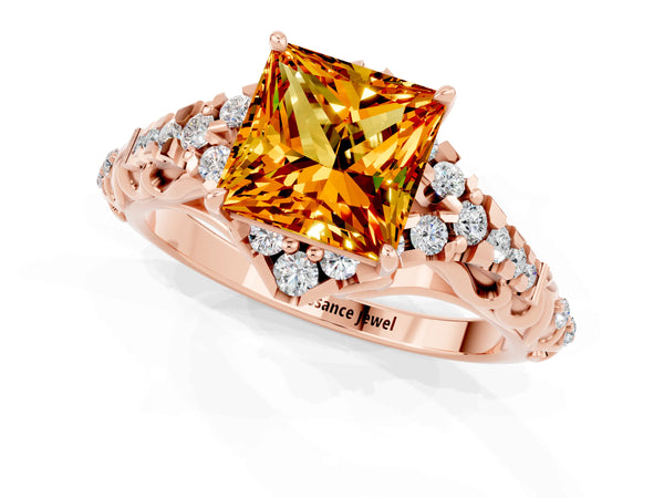 Rose gold Princess Cut Citrine Solitaire Ring with Hidden Halo and Pavé Band