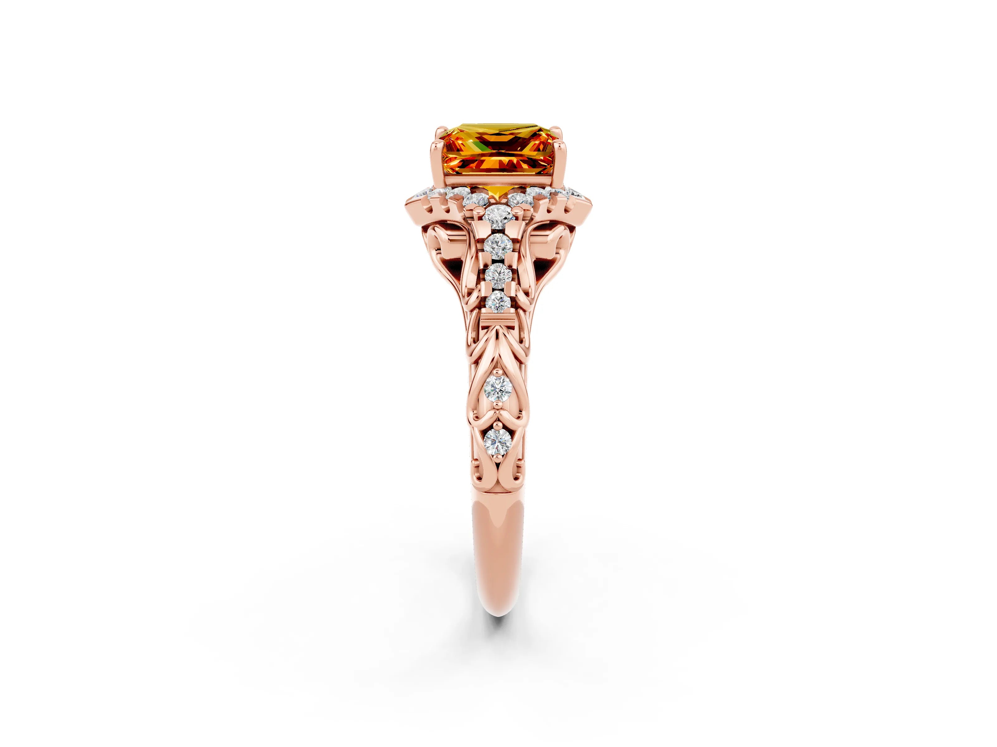Rose gold Princess Cut Citrine Solitaire Ring with Hidden Halo and Pavé Band_14