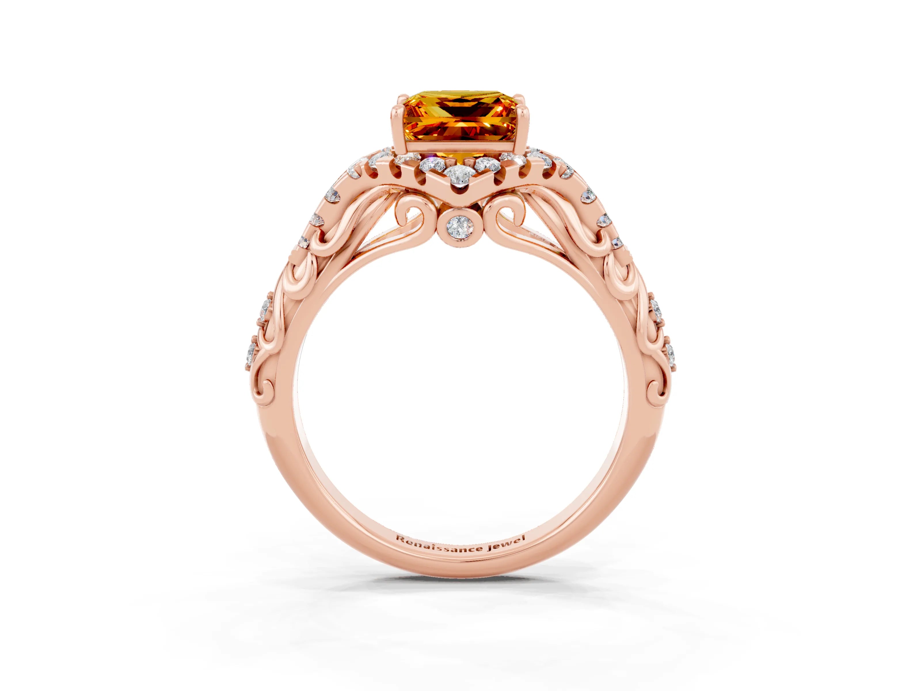 Rose gold Princess Cut Citrine Solitaire Ring with Hidden Halo and Pavé Band_15