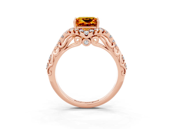Rose gold Princess Cut Citrine Solitaire Ring with Hidden Halo and Pavé Band