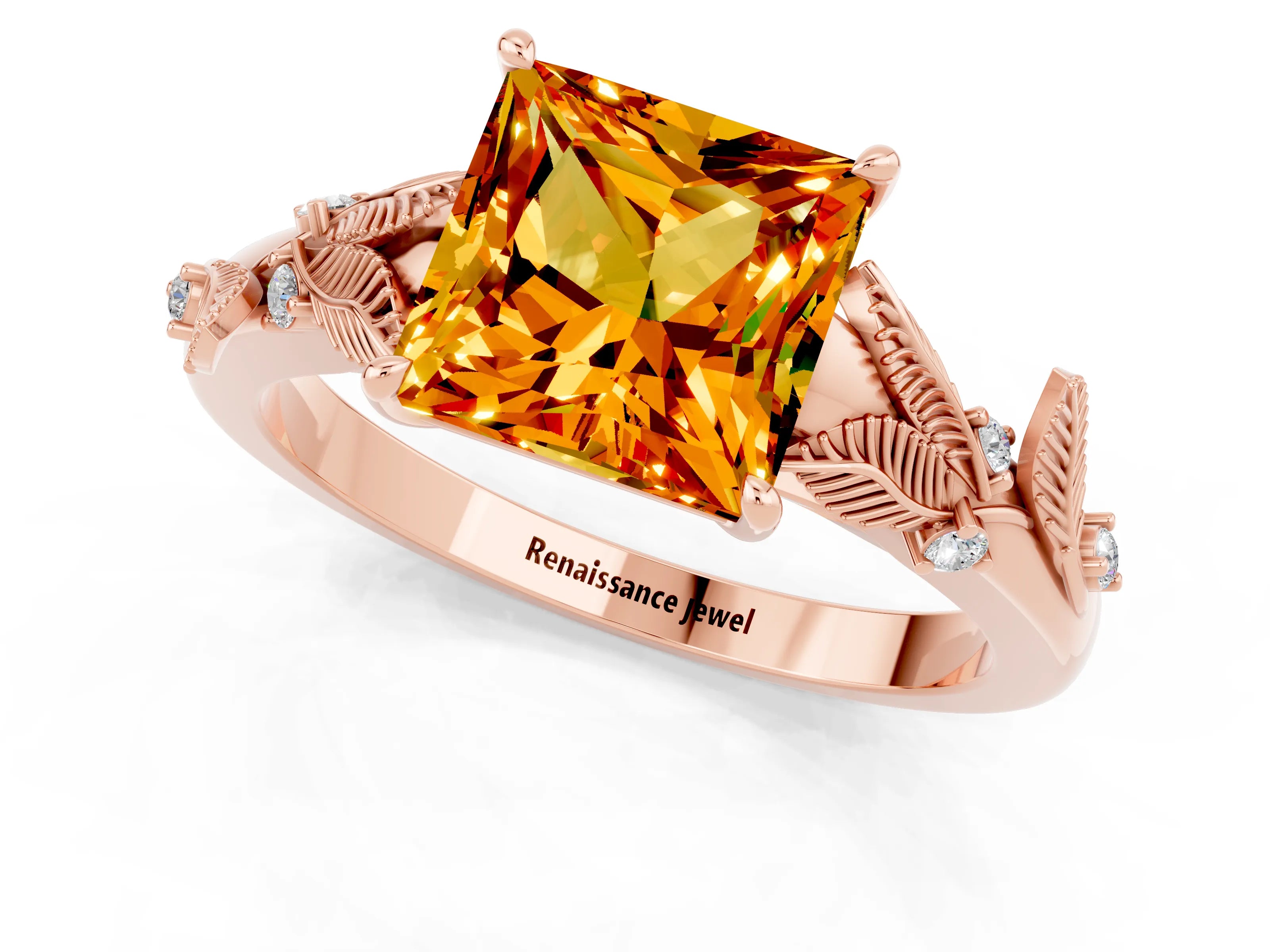 Rose gold Princess Cut Citrine Solitaire Ring with Leaf Motif Band and Four-Prong Setting_1