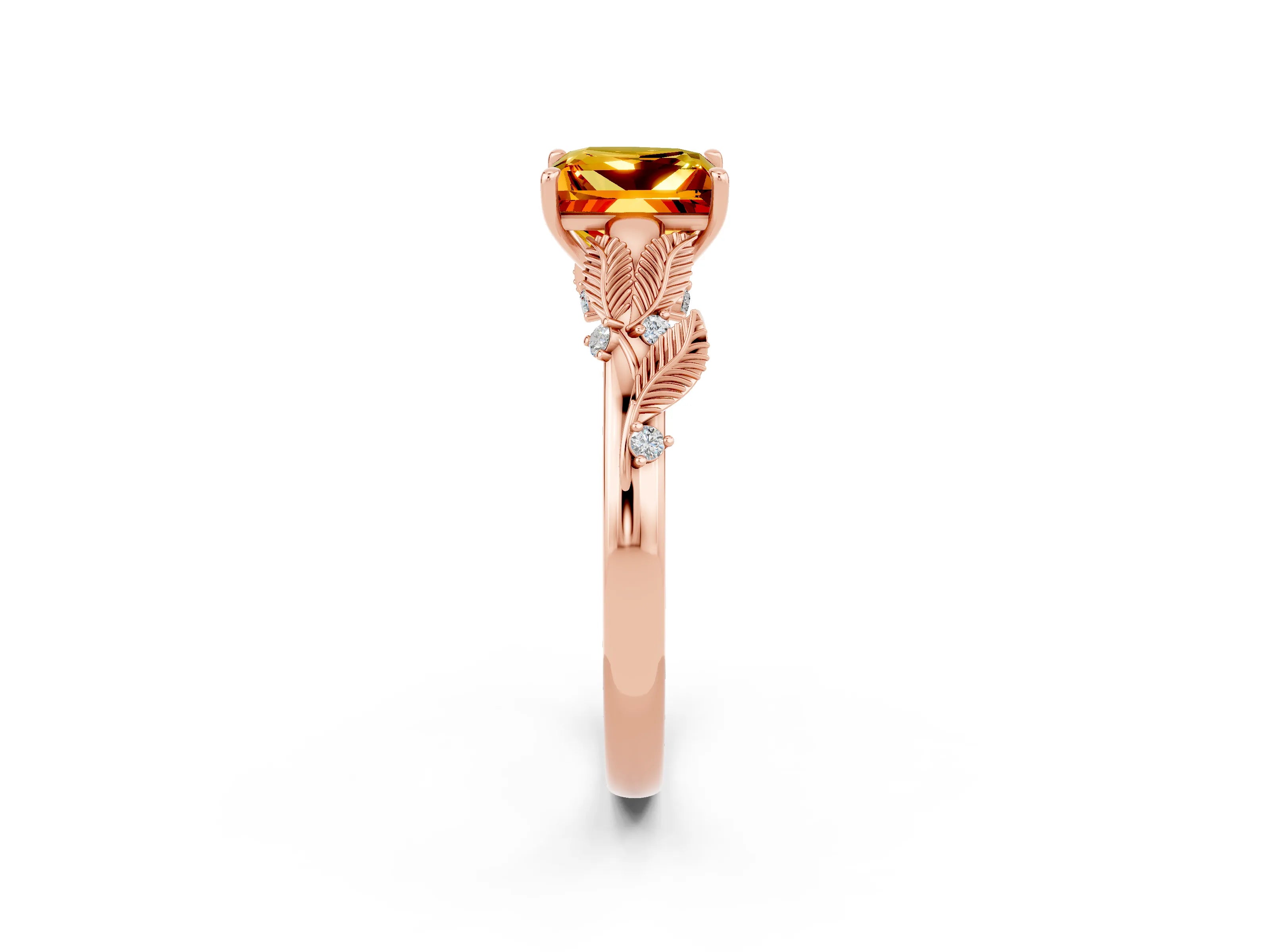 Rose gold Princess Cut Citrine Solitaire Ring with Leaf Motif Band and Four-Prong Setting_2