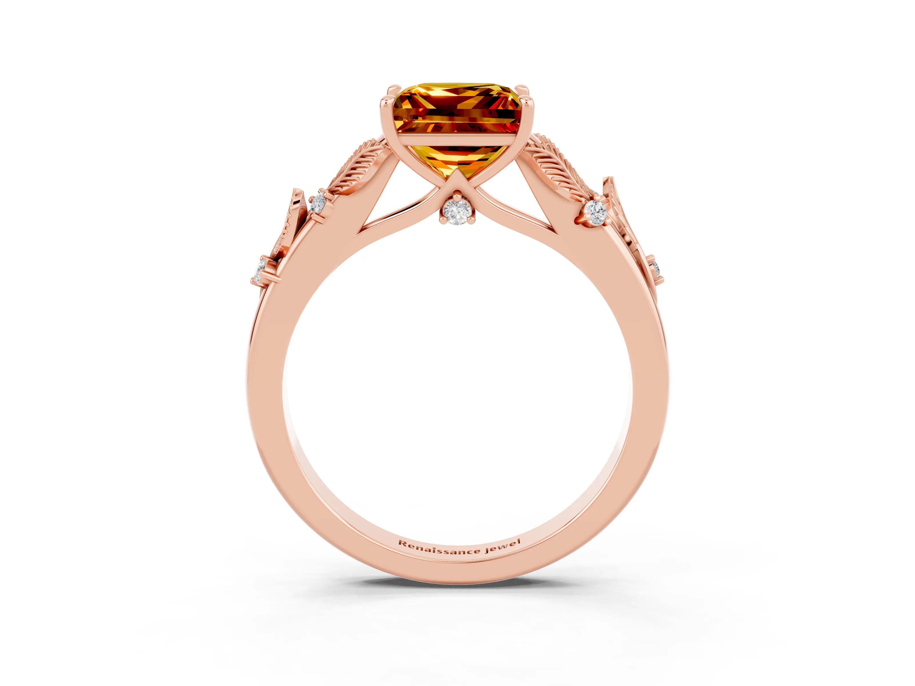 Rose gold Princess Cut Citrine Solitaire Ring with Leaf Motif Band and Four-Prong Setting_3