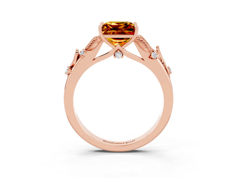 Rose gold Princess Cut Citrine Solitaire Ring with Leaf Motif Band and Four-Prong Setting_3