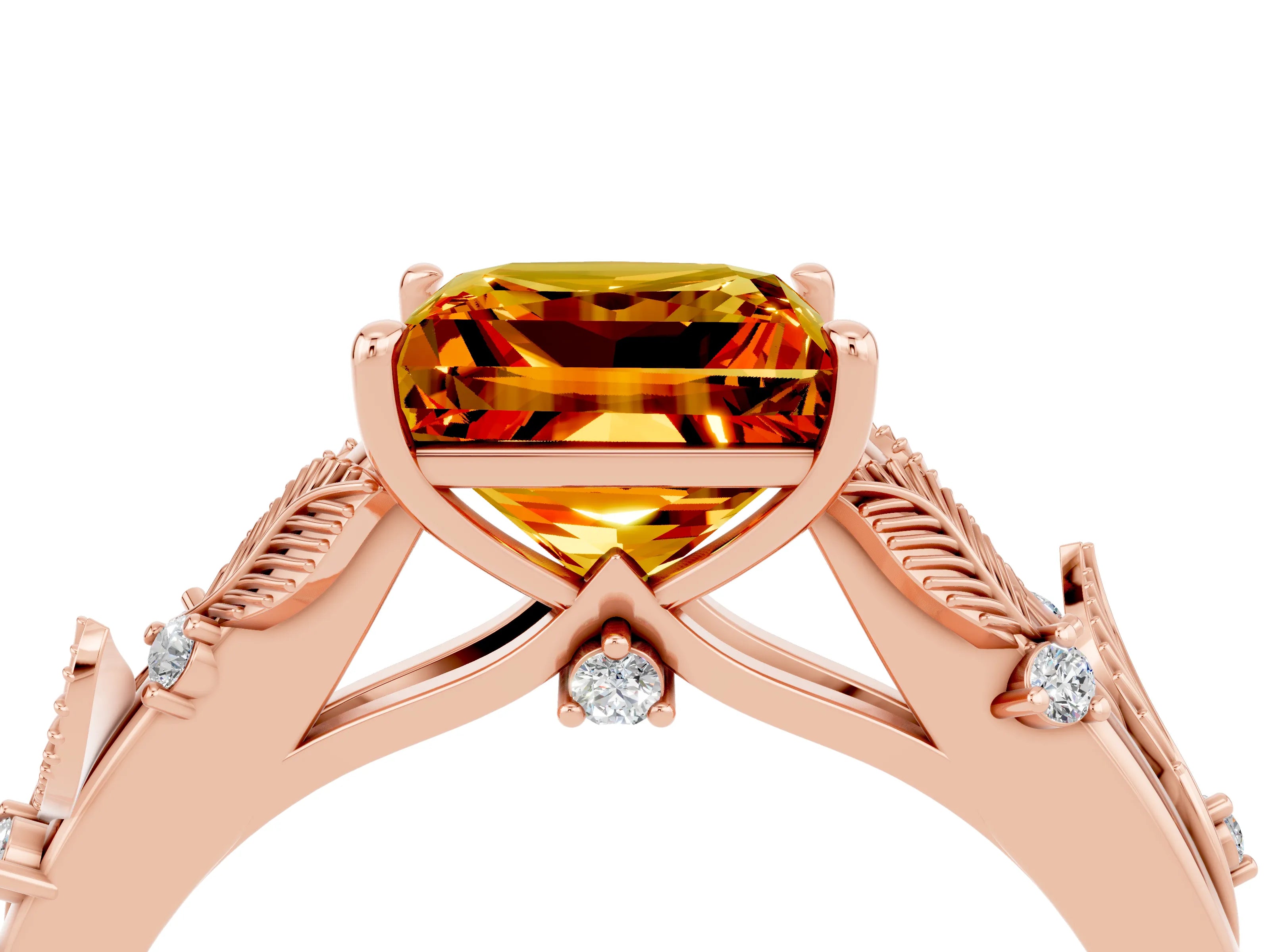 Rose gold Princess Cut Citrine Solitaire Ring with Leaf Motif Band and Four-Prong Setting_4