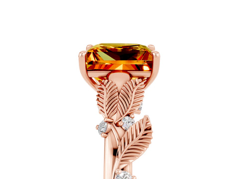 Rose gold Princess Cut Citrine Solitaire Ring with Leaf Motif Band and Four-Prong Setting_5