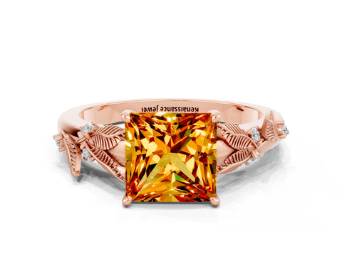 Rose gold Princess Cut Citrine Solitaire Ring with Leaf Motif Band and Four-Prong Setting
