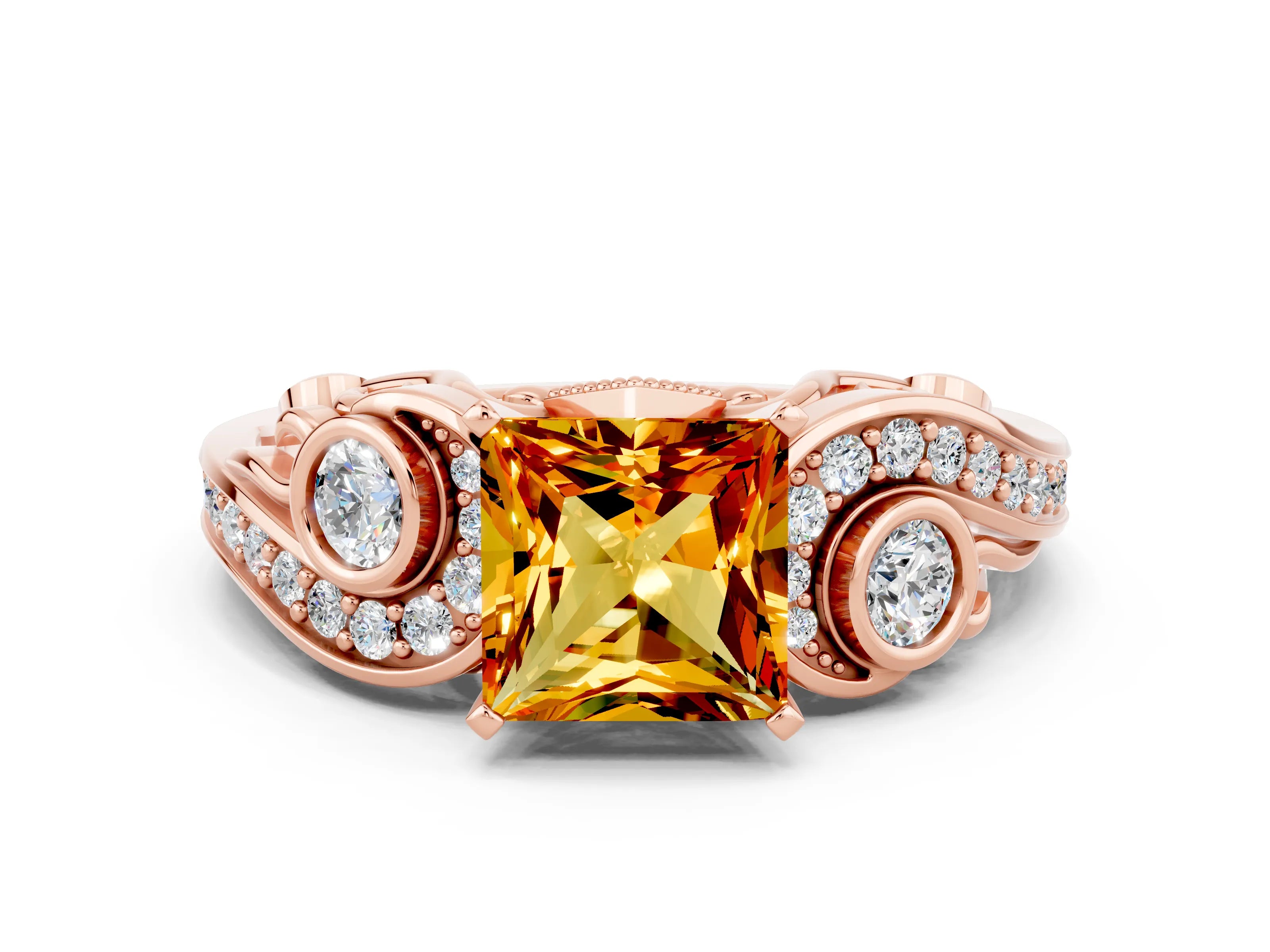 Rose gold Princess Cut Citrine Solitaire Ring with Milgrain Pavé Band and Four-Prong Setting_24