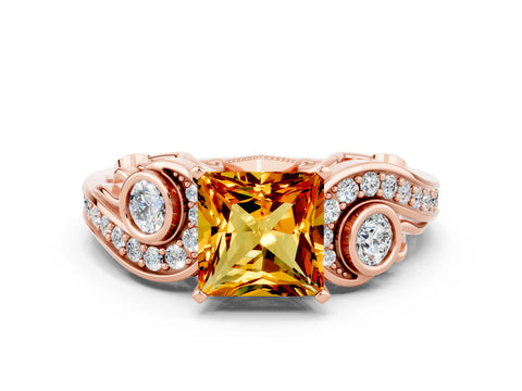 Rose gold Princess Cut Citrine Solitaire Ring with Milgrain Pavé Band and Four-Prong Setting_24