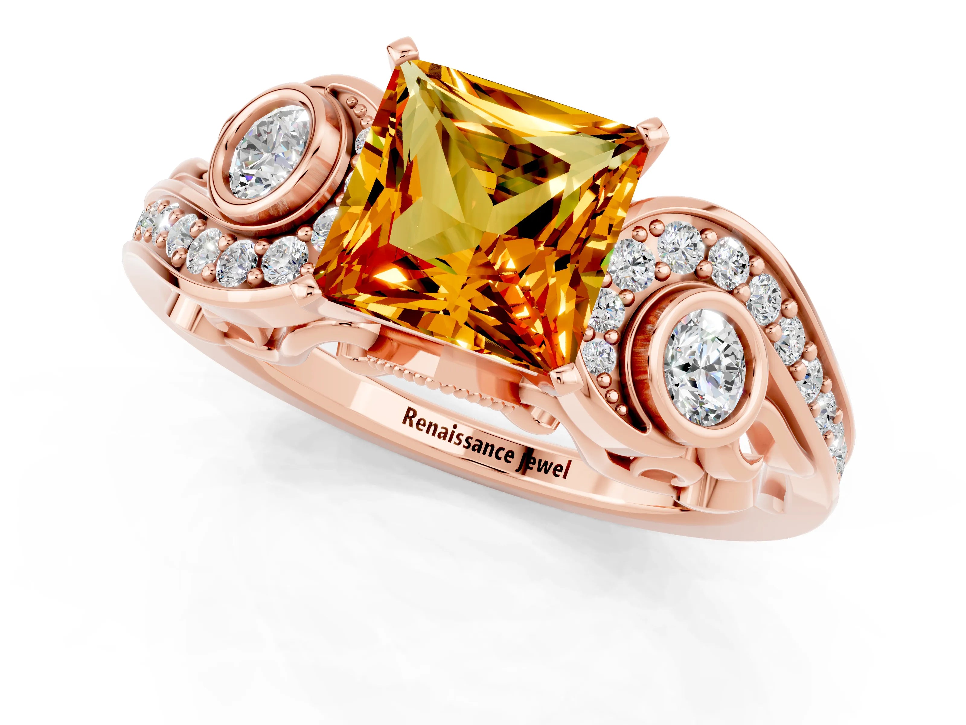 Rose gold Princess Cut Citrine Solitaire Ring with Milgrain Pavé Band and Four-Prong Setting_25