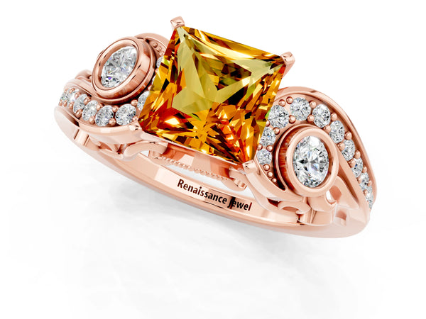 Rose gold Princess Cut Citrine Solitaire Ring with Milgrain Pavé Band and Four-Prong Setting