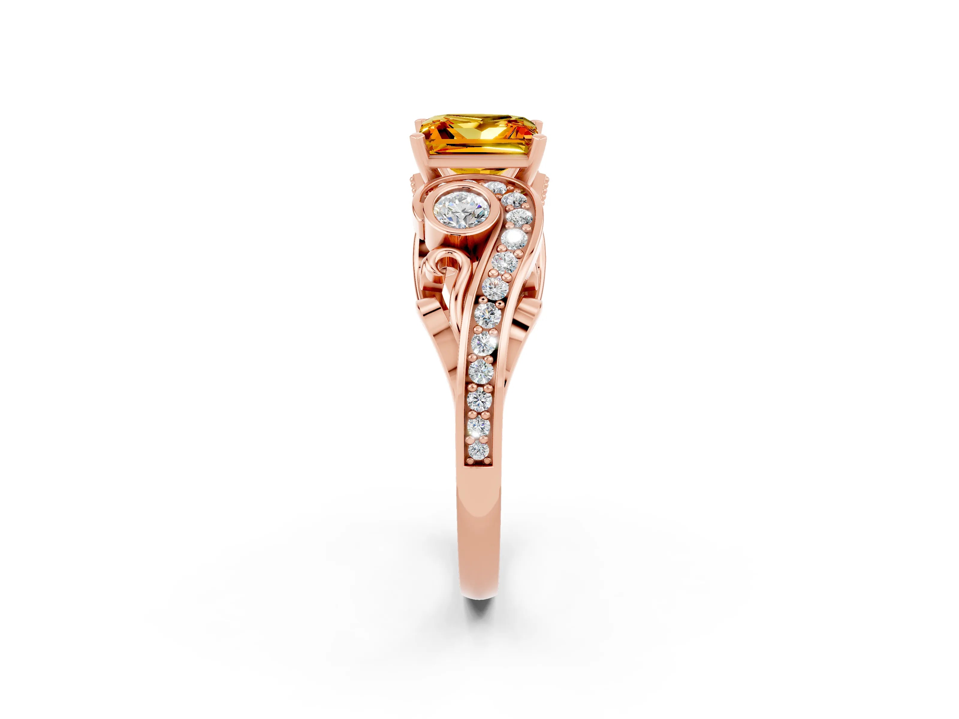 Rose gold Princess Cut Citrine Solitaire Ring with Milgrain Pavé Band and Four-Prong Setting_26