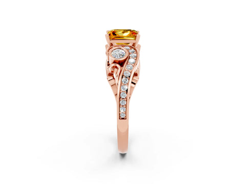 Rose gold Princess Cut Citrine Solitaire Ring with Milgrain Pavé Band and Four-Prong Setting_26