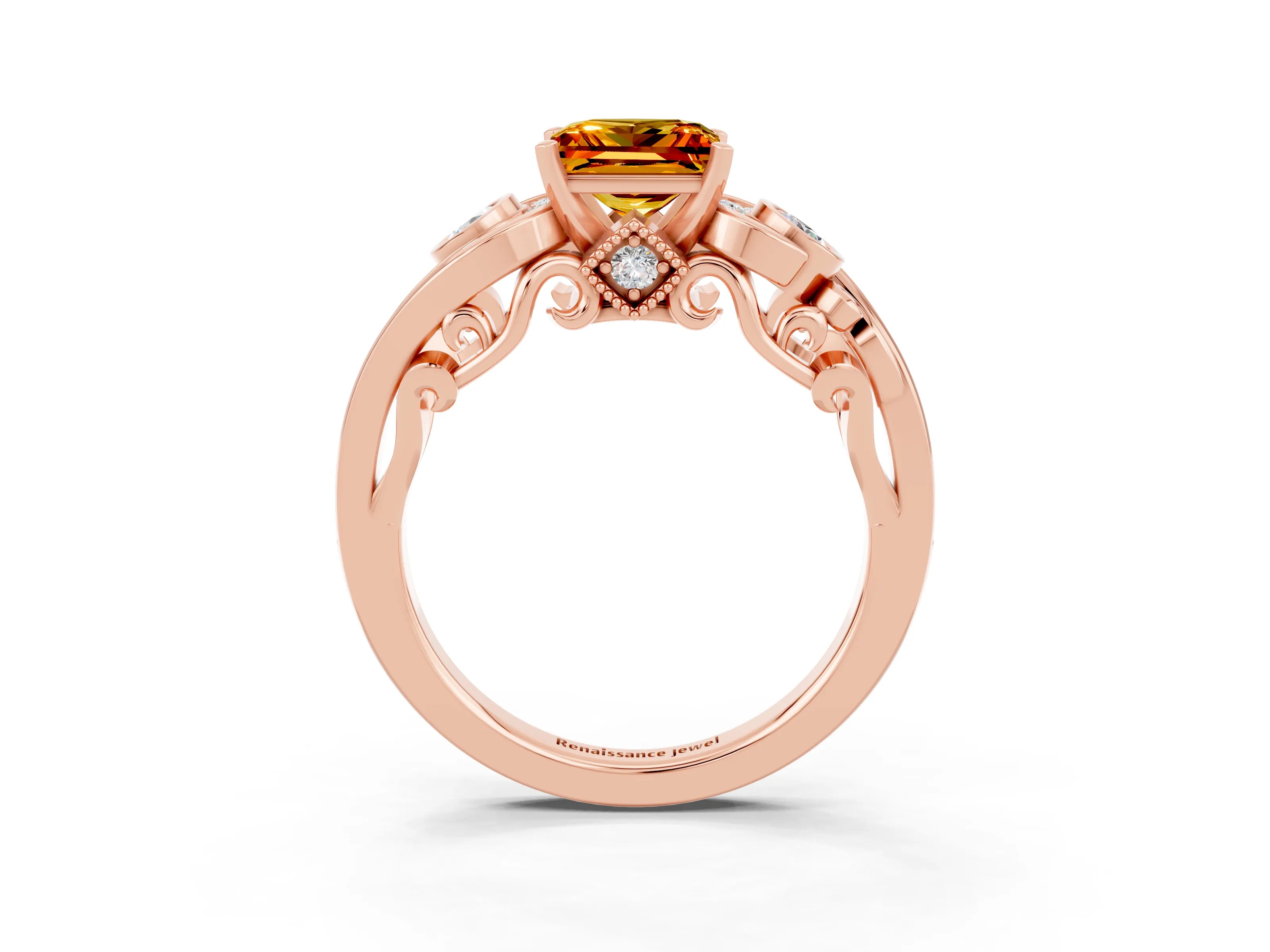 Rose gold Princess Cut Citrine Solitaire Ring with Milgrain Pavé Band and Four-Prong Setting_27