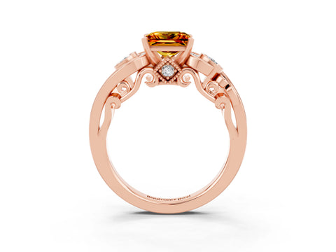 Rose gold Princess Cut Citrine Solitaire Ring with Milgrain Pavé Band and Four-Prong Setting_27