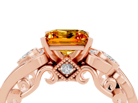 Rose gold Princess Cut Citrine Solitaire Ring with Milgrain Pavé Band and Four-Prong Setting_28