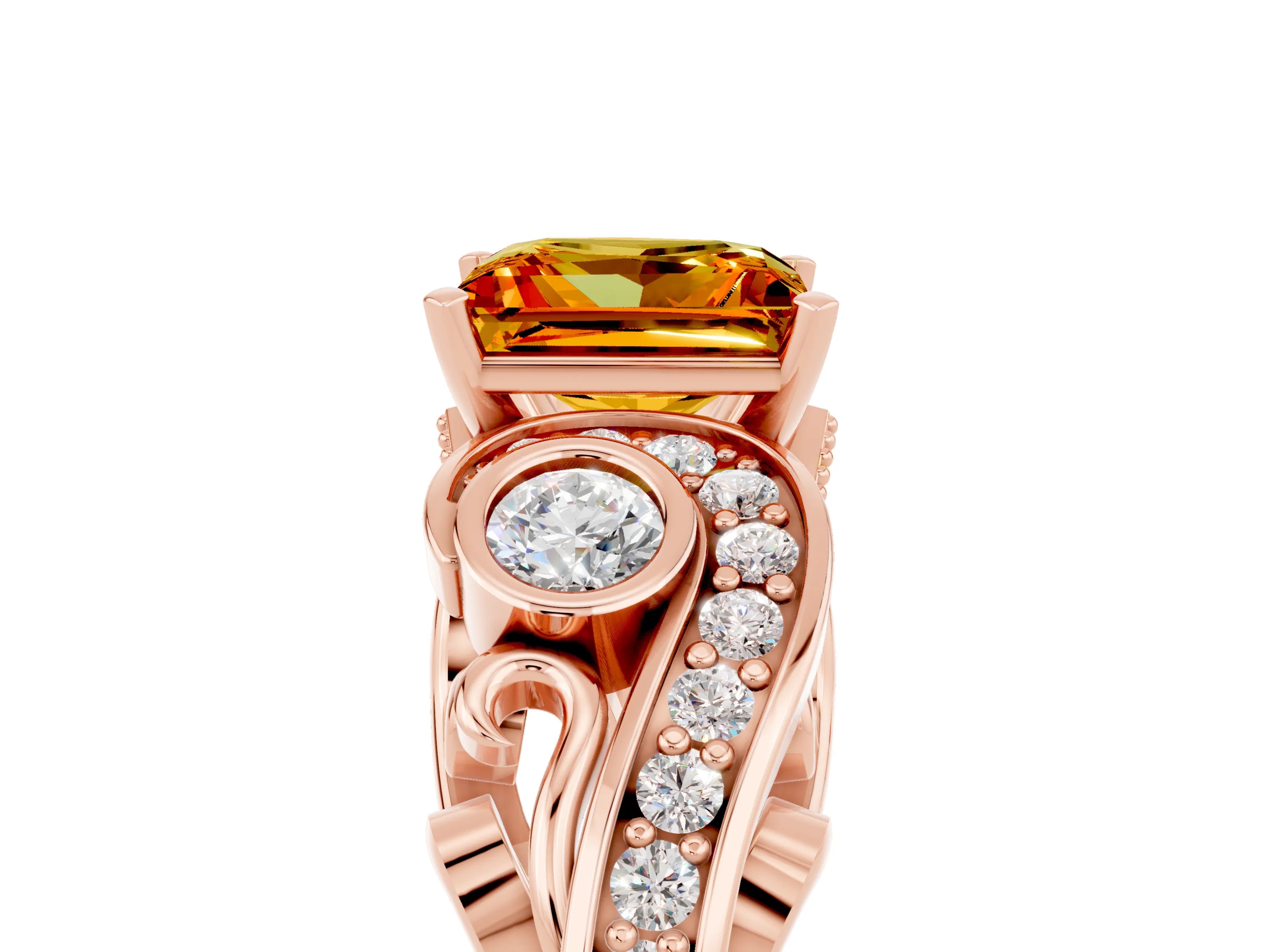 Rose gold Princess Cut Citrine Solitaire Ring with Milgrain Pavé Band and Four-Prong Setting_29