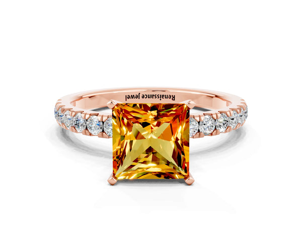 Rose gold Princess Cut Citrine Solitaire Ring with Pavé Accents and Four-Prong Setting
