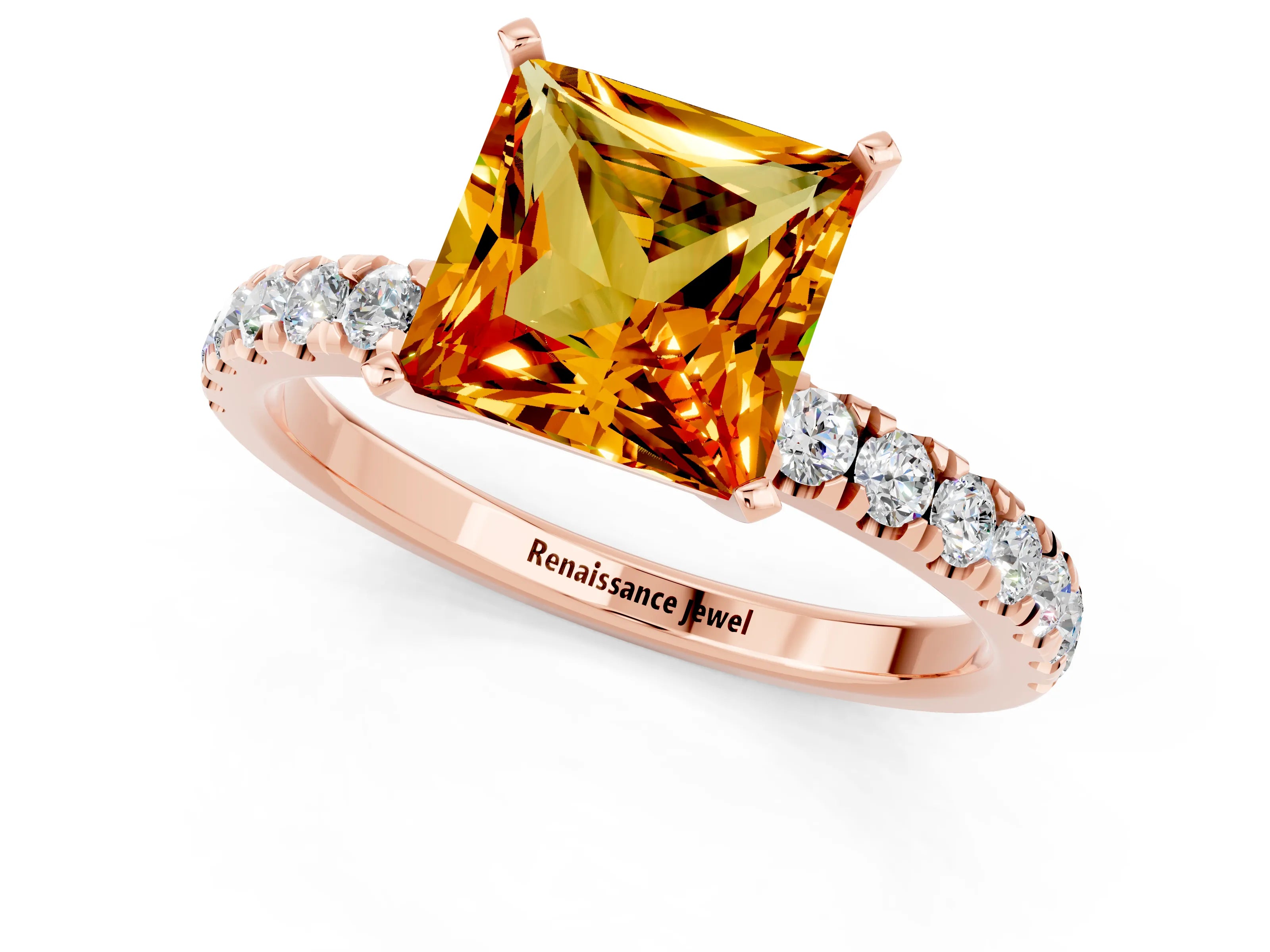 Rose gold Princess Cut Citrine Solitaire Ring with Pavé Accents and Four-Prong Setting_1