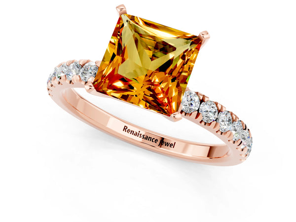 Rose gold Princess Cut Citrine Solitaire Ring with Pavé Accents and Four-Prong Setting