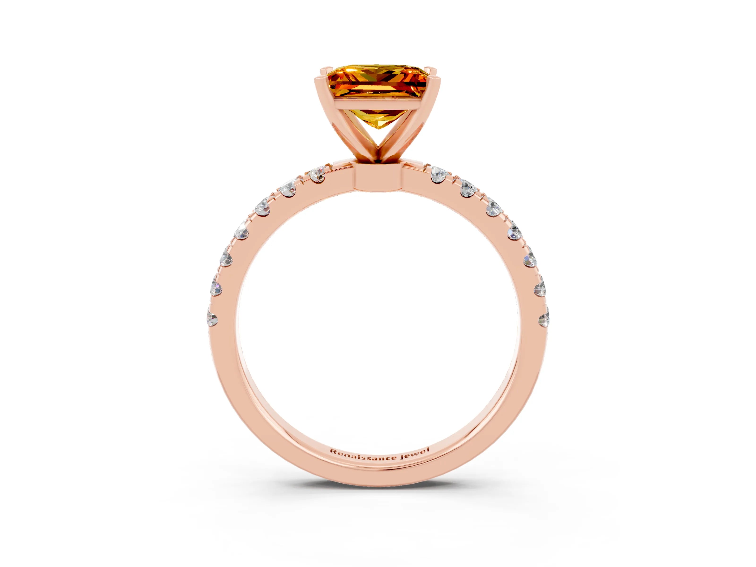 Rose gold Princess Cut Citrine Solitaire Ring with Pavé Accents and Four-Prong Setting_3