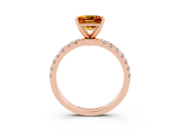Rose gold Princess Cut Citrine Solitaire Ring with Pavé Accents and Four-Prong Setting