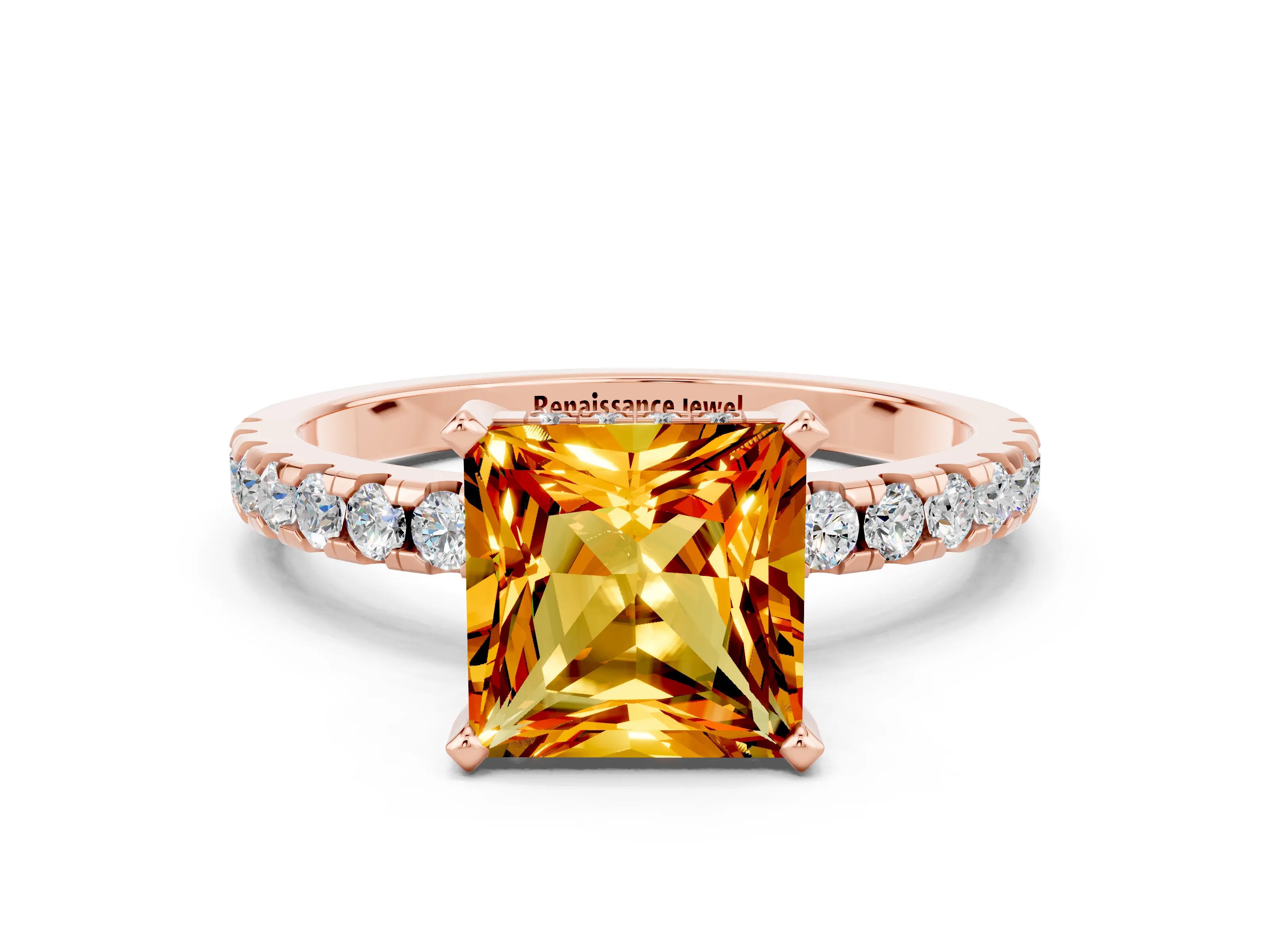 Rose gold Princess Cut Citrine Solitaire Ring with Pavé Band and Four-Prong Setting_24