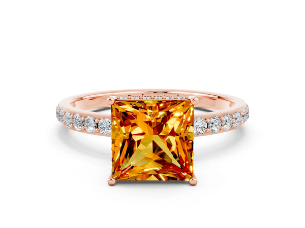 Rose gold Princess Cut Citrine Solitaire Ring with Pavé Band and Hidden Halo