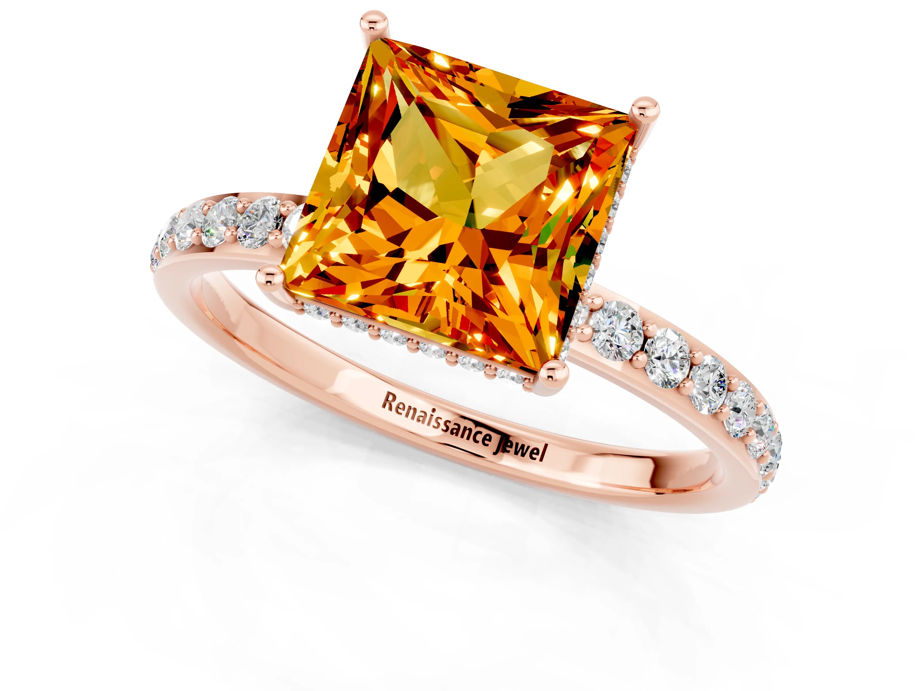 Rose gold Princess Cut Citrine Solitaire Ring with Pavé Band and Hidden Halo_13