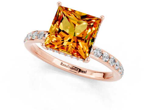Rose gold Princess Cut Citrine Solitaire Ring with Pavé Band and Hidden Halo_13