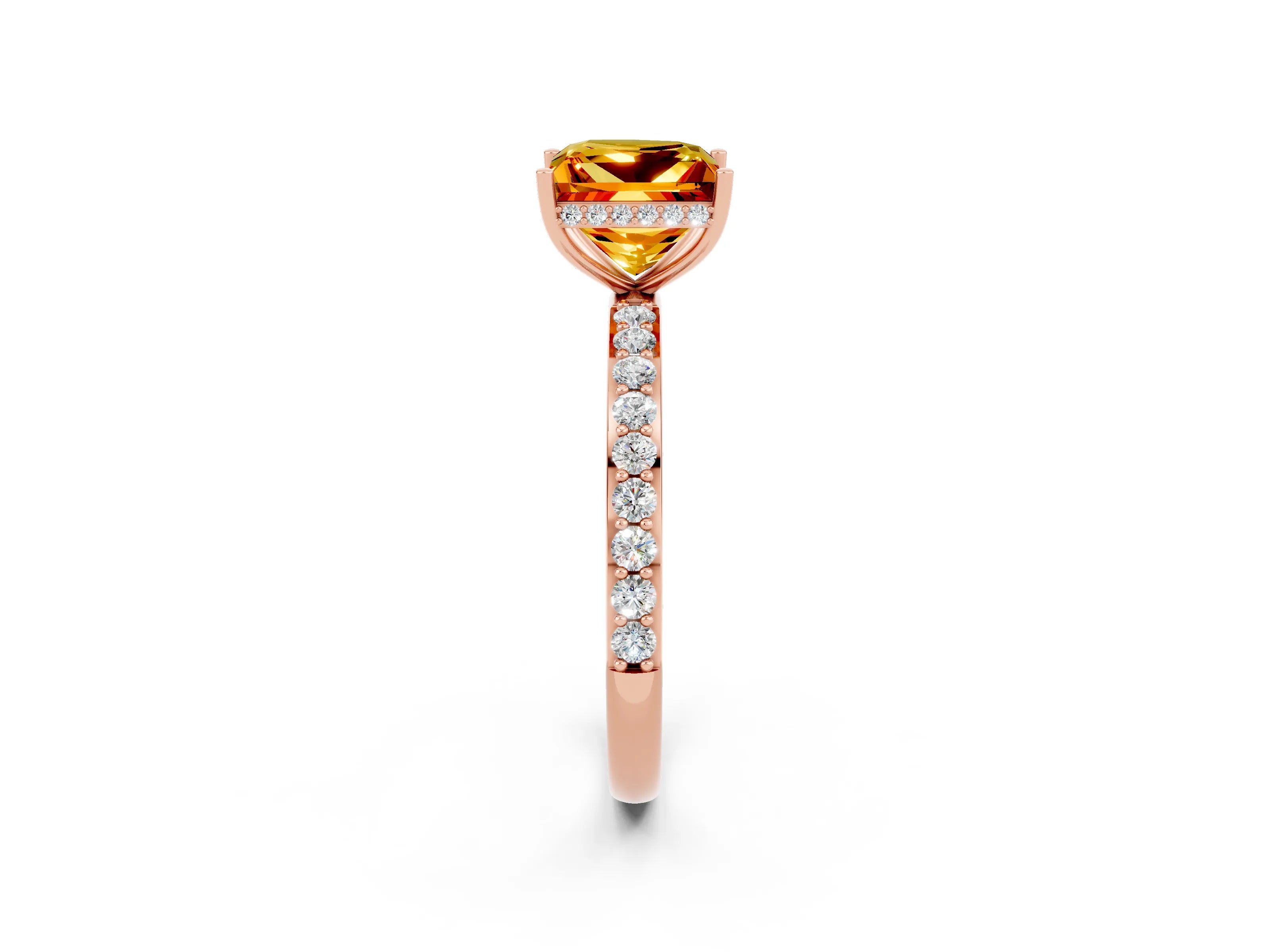 Rose gold Princess Cut Citrine Solitaire Ring with Pavé Band and Hidden Halo_14