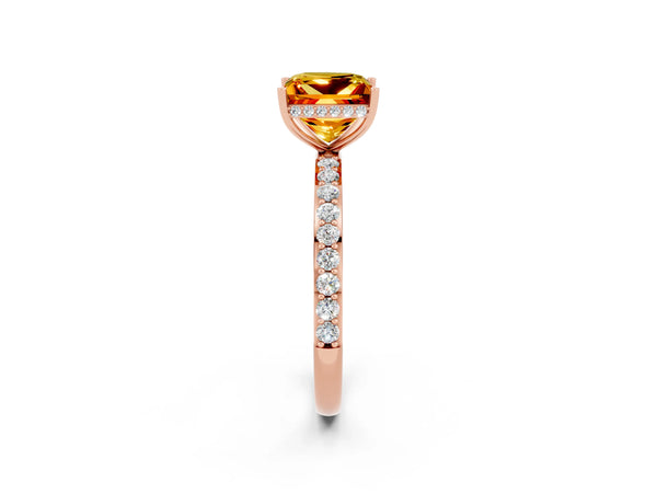 Rose gold Princess Cut Citrine Solitaire Ring with Pavé Band and Hidden Halo