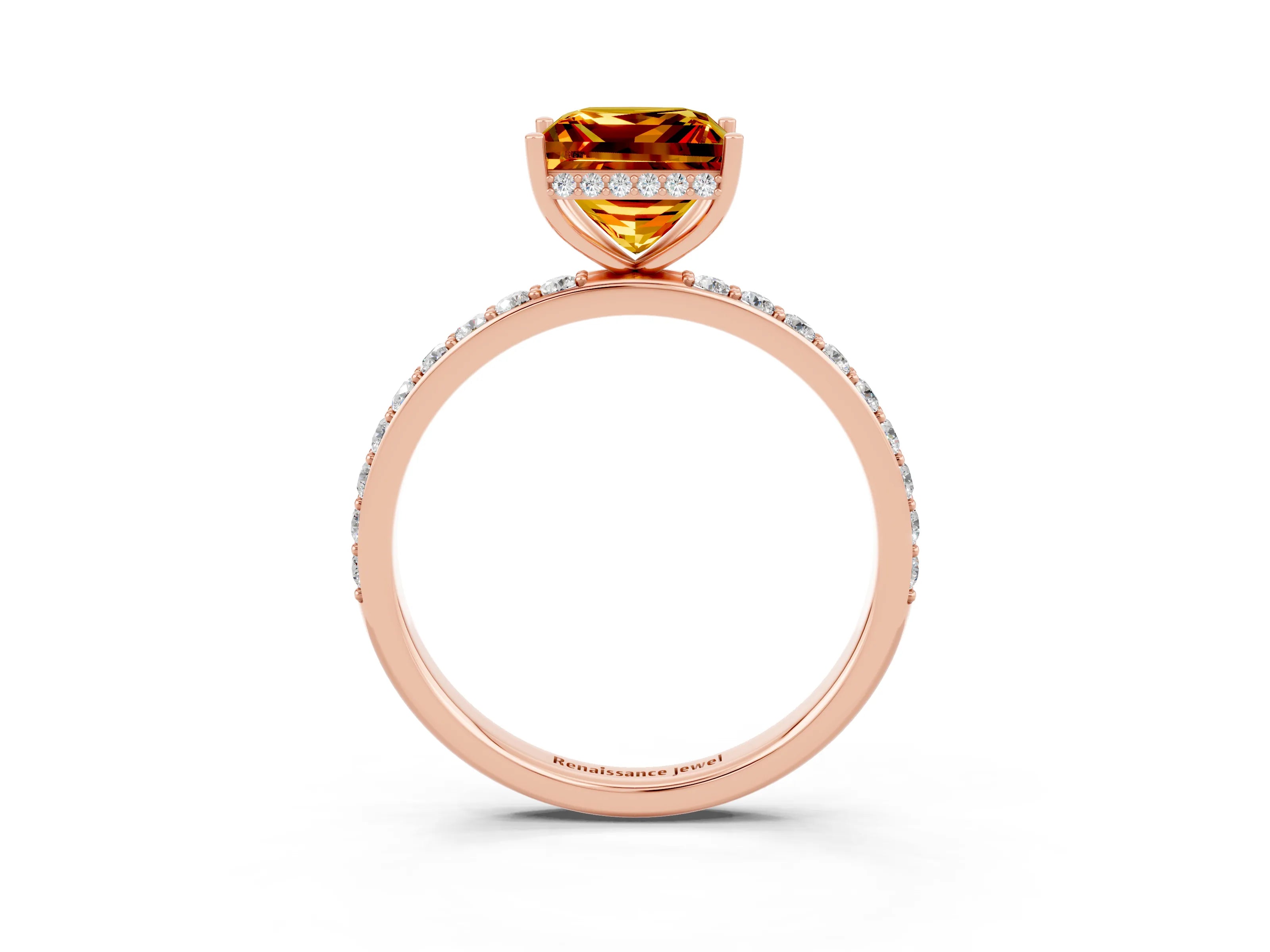 Rose gold Princess Cut Citrine Solitaire Ring with Pavé Band and Hidden Halo_15