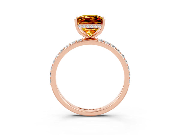 Rose gold Princess Cut Citrine Solitaire Ring with Pavé Band and Hidden Halo