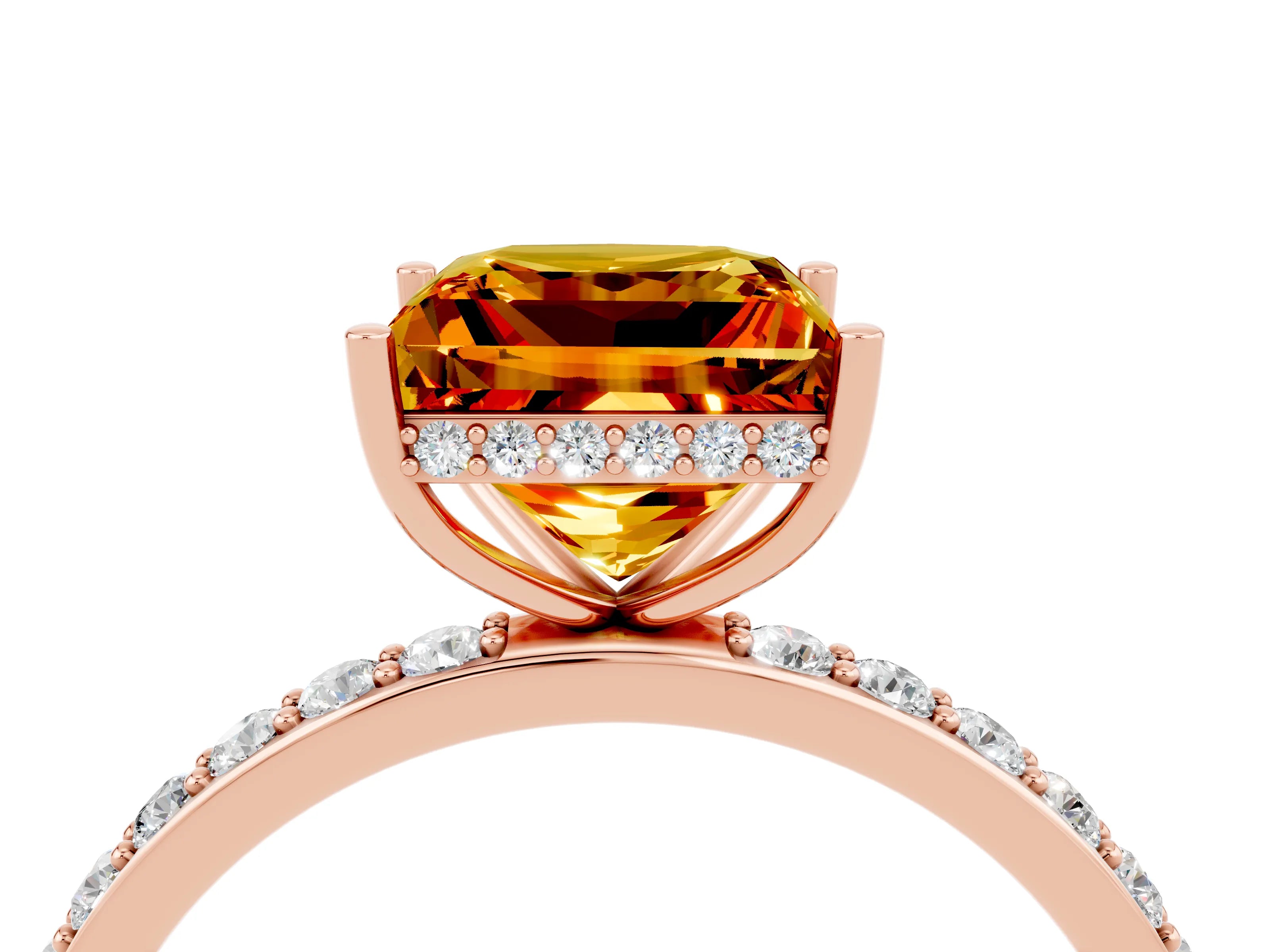 Rose gold Princess Cut Citrine Solitaire Ring with Pavé Band and Hidden Halo_16