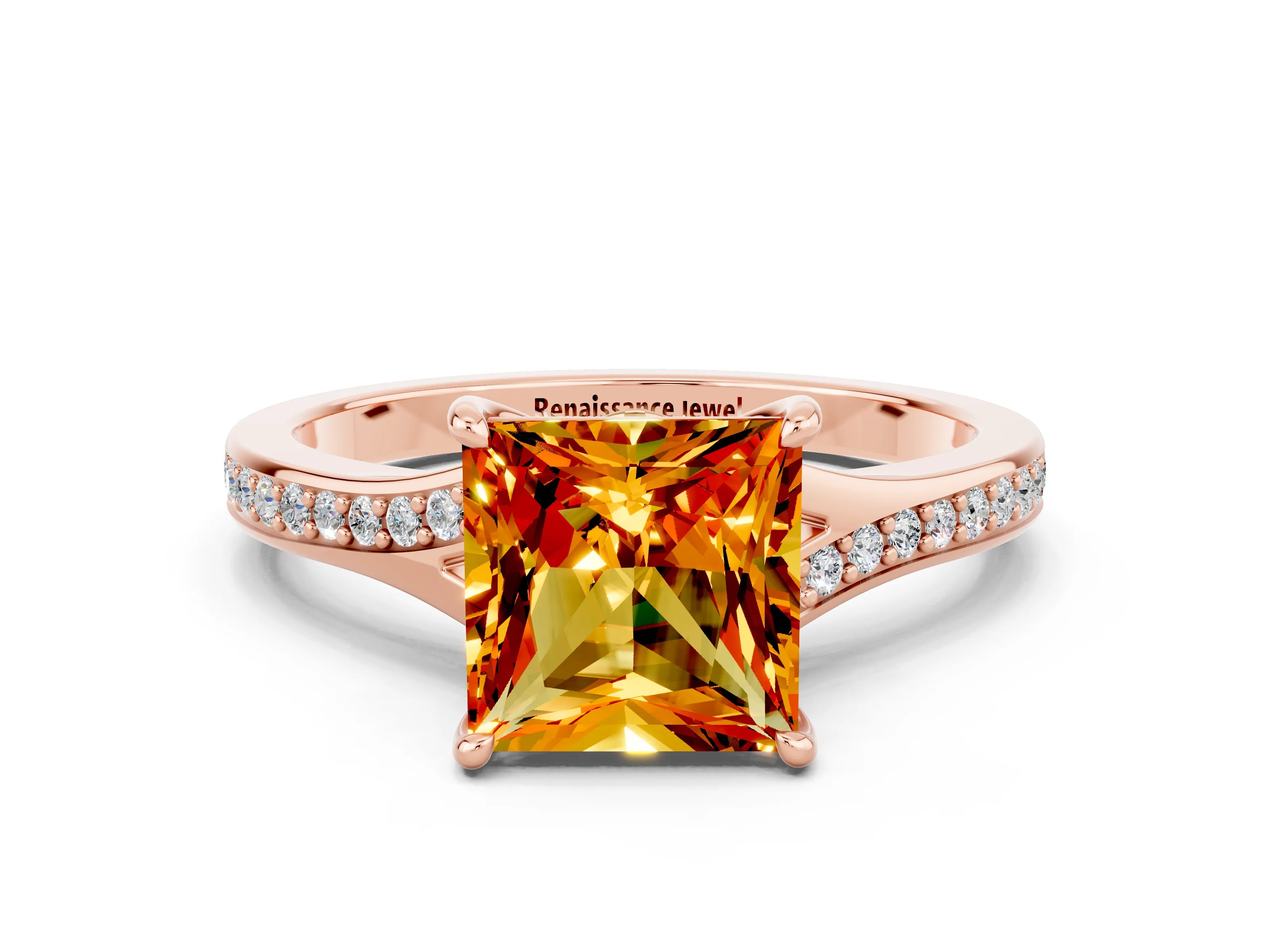Rose gold Princess Cut Citrine Solitaire Ring with Pavé Band and Prong Setting