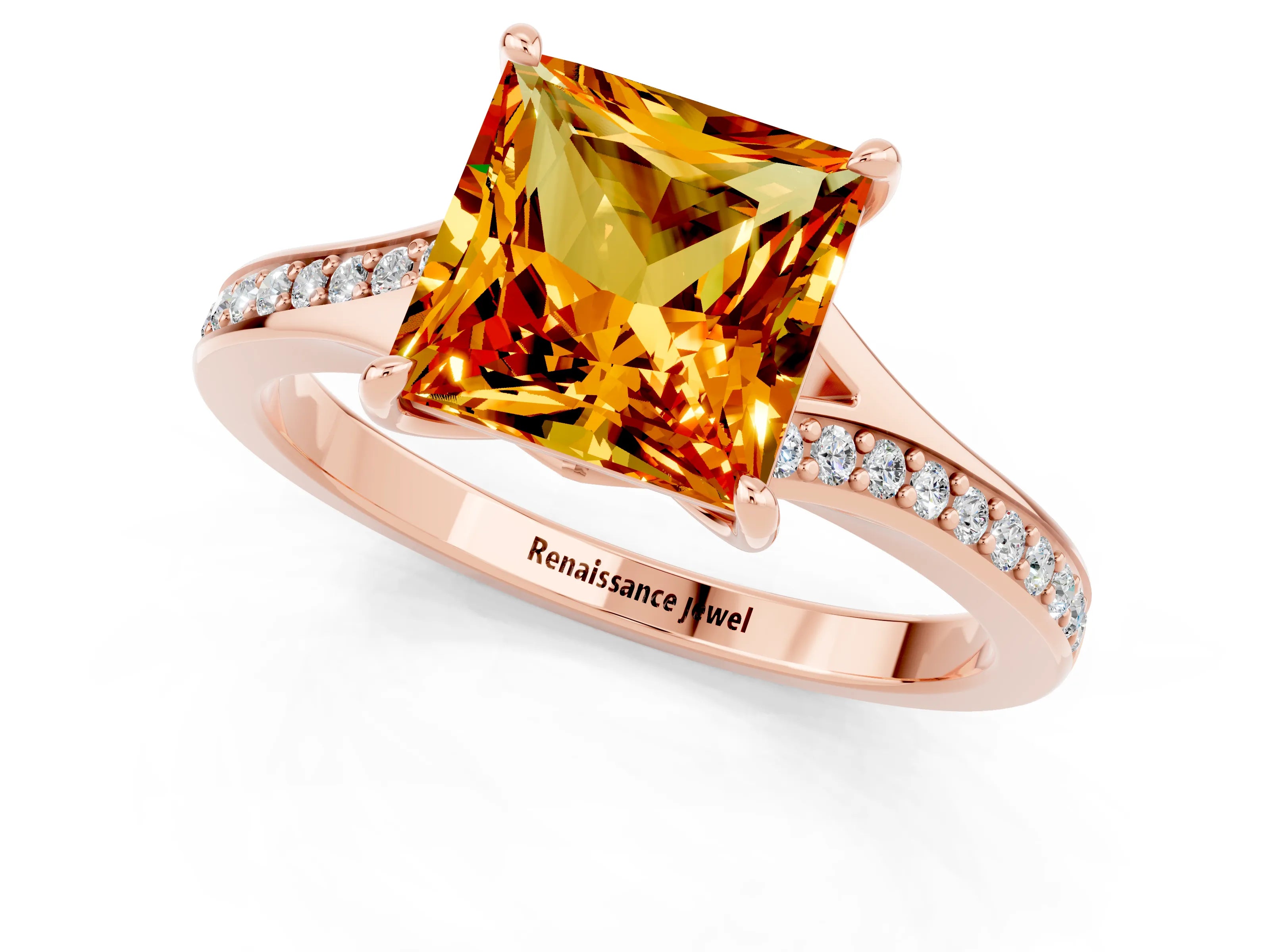 Rose gold Princess Cut Citrine Solitaire Ring with Pavé Band and Prong Setting_13