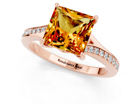 Rose gold Princess Cut Citrine Solitaire Ring with Pavé Band and Prong Setting_13
