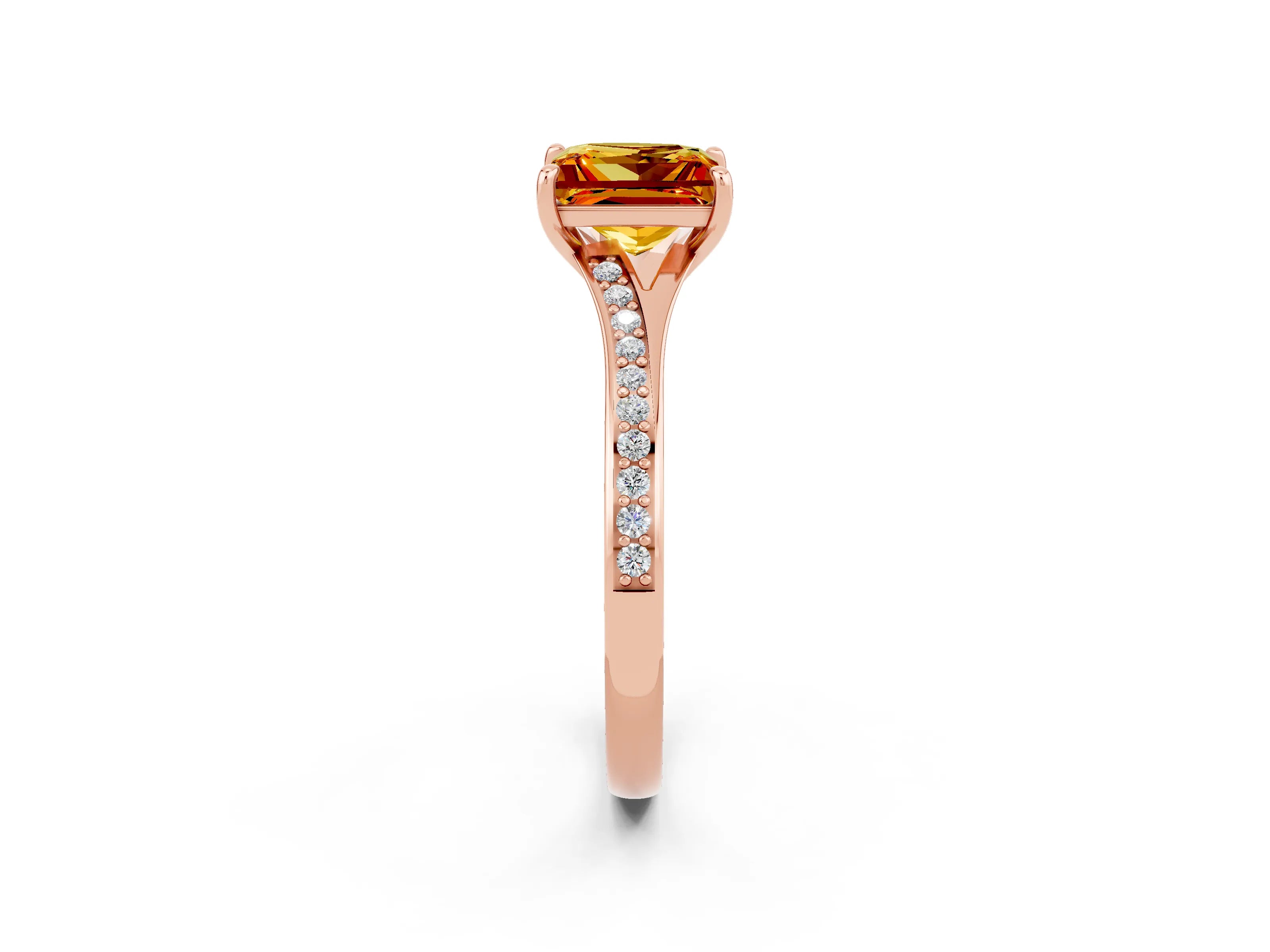 Rose gold Princess Cut Citrine Solitaire Ring with Pavé Band and Prong Setting_14